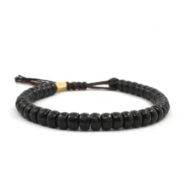 Pohier Tibetan Buddhist Handbraided Cotton Thread Lucky Knots Brass Charms Bracelet Natural Coconut Shell Beads Carved Bangle 240315