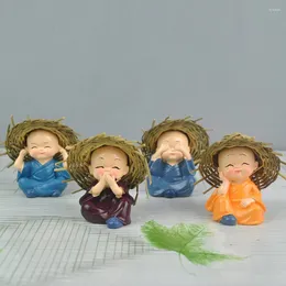 Decorative Figurines 4 Pieces/lot Small Buddha Statue Monk With Straw Hat Resin Figurine Crafts Home Ornaments Miniatures Creative