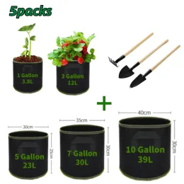 Sacos 5 pçs feltro crescer sacos de tecido de jardinagem crescer pote vegetal tomate morango plantador planta pote com pá de jardim conjunto de ferramentas