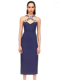 Casual Dresses Women Dark Blue Bandage Dress Crystal Crisscross Neck Midi Längd Elegant Office Lady Formal Party Evening Gowns Wedding