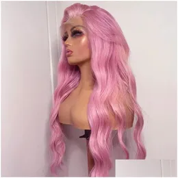 Perucas de renda rosa cabelo humano longo onda de corpo hd peruca colorida transparente pré-arrancada com bebê para mulheres entrega de gota produtos dhuyb