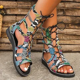 Sandalet Roma Kadınlar Flats Ayakkabı Yürüyüş Plaj Elbise Rahat Yaz 2024 Moda Tasarımcı Açık Dantel Up Sıradan Mujer Zapatos