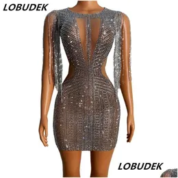 Grundlegende Freizeitkleider Luxus Mode Abend Party Strass Fransen Mesh Transparent Kurzes Kleid Frauen Geburtstag Feiern Crystal Out Otoov