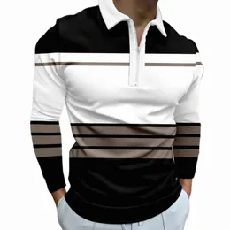 men's Striped Polo Shirts Stylish Color Ctrast Lg Sleeve Polos Loose Turndown Collar Polo Tees Fi Youth Streetwear R5aK#