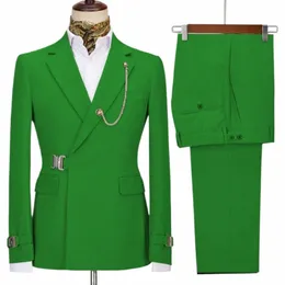 green Belt Design Double Breasted Mens Suits 2 Pieces Coat Pant Latest Design Wedding Suits Groom Prom Tuxedos Blazer Set O27k#