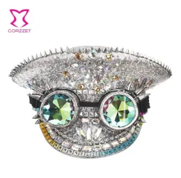 Hüte Corzzet Luxus Silber Pailletten Diamanten Club Party Rave Rock Cosplay Zubehör Steampunk Militär Hut Maskerade Kostüme