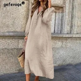 Casual Dresses Women Vintage Oversized Streetwear Cotton Linen Shirt For 2024 Spring Autumn Trendy V Neck Long Sleeve Maxi Dress