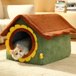 Esteiras inverno pet tenda caverna cama para cães girassol gato tenda cama quente removível ninho gato cabana macio confortável pet dormir cama canil