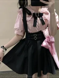 Japanische Lolita Hohe Taille Mini Hosenträger Rock Y2k Ästhetische Süße Frauen Solide Streetwear Gothic Jk Saia Feminina Harajuku Jupe 240314