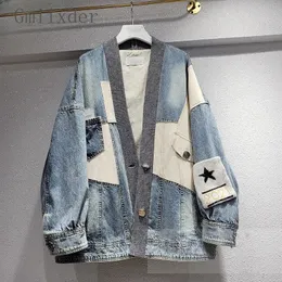 Sonbahar büyük zıt renk dikiş örme vneck ceketler moda gevşek gündelik cadde denim palto erkek kıyafetler 240311