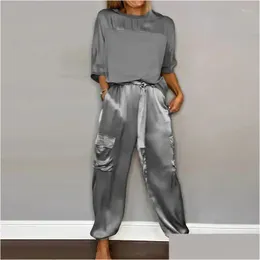 Mulheres duas peças calças mulheres casual solto cetim 2 pc terno primavera moda o-pescoço meia manga tarambola longa calça conjunto verão elegante gota de otbdn