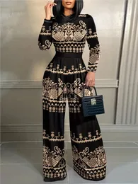 Eleganta kvinnor står nacke smal långärmad bodysuits Fallwinter Fashion Print Wide Leg Rompers Casual midje Jumpsuits Streetwear 240322