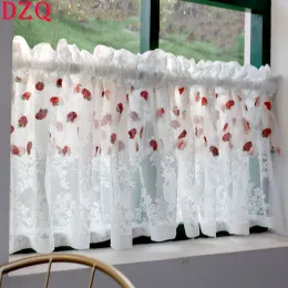 Zasłony francuskie białe/różowe koronkowe krótkie zasłony do haftowanego trubowego tiulu truskawkowego na salon krótkie zasłony do kuchni #A283