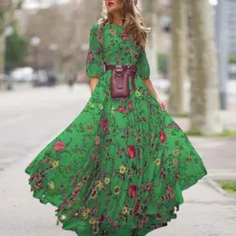 Casual Dresses Autumn Printed Dress Elegant Floral Print Maxi For Women A-line Big Swing High midje kväll med halvärmar