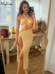 Hugcitar Satin Solid Halter Backless Draped Hollow Out Shirring Bandage Slim Maxi Prom Dress Sexy Summer Elegant Outfit Party 240320