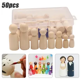 Artesanato 50pcs bonecas de madeira pinos de madeira figuras não pintadas de artes de artesanato de diy artes infantil presentes de aniversário bonecas femininas de fêmeas machos 65 mm/53 mm/43 mm/33mm