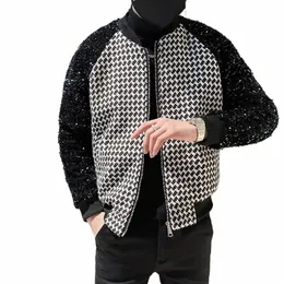 남성용 고급 스팽글 패치 워크 재킷 겨울 두껍고 따뜻한 파파 코트 캐주얼 소셜 폭격기 재킷 무대 나이트 클럽 DJ 코트 B7S5#