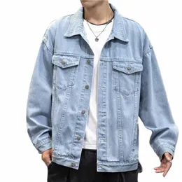 Nowa kurtka dżinsowa mężczyźni Vintage Jean Coats Streetwear Fi Jean Jacket Men Down Down Collar Dżinsowe odzież wierzchnia kurtka bombowca U4ED#