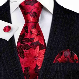 Neck Ties Neck Ties Luxury Ties for Men Red Black Floral Leaves Gold Blue Silk Necktie Hanky Cufflinks Set Wedding Accessories BarryWang 6159 Y240325