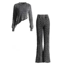 Oudina mode heta försäljning stretch vridning kort beskuren topp stickad tröja två bit byxor set kvinnor set
