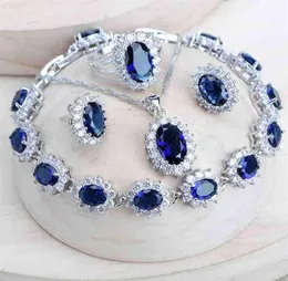 Silber 925 Brautschmuck-Set für Damen, blaue Zirkonia, Kostüm, feiner Schmuck, Hochzeit, Halskette, Ohrringe, Ringe, Armbänder, Anhänger-Set 222009134