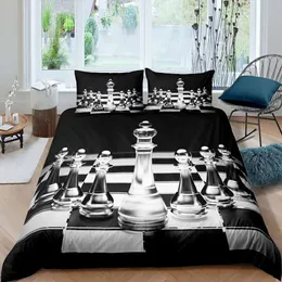 Szachy Duvet 3D zabawne zestaw pościeli gier czarny biały kontrola nadruk Król King Queen Size Poliester Quilt Cover