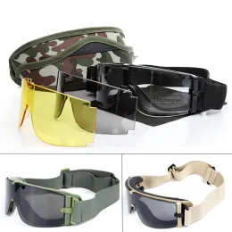 Eyewears Militära taktiska skyddsglasögon Män som jagar Airsoft Paintball Protective CS Game Army Outdoor Windproof Desert 3 Lens vandringsglasögon