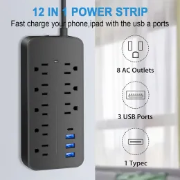 Leveranser 10A 110V 220V MULTI PLUG SOCKET 3 USB 1 Typec Outlet Power Strip med 1,2 m förlängning Kabelladdning Elektrisk socket US/EU -kontakt