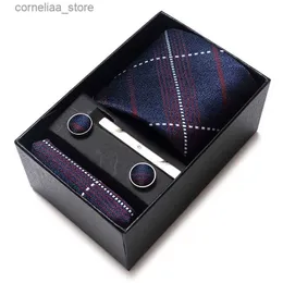 Ties cravatte per collo all'ingrosso 2023 Nuovo stile Cravat Cravat Gift Tie Pocket Set Necktie Box Men Accessori Blue Ploid Accessori Fit Wedding Y240325