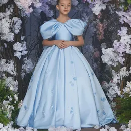 Blu Satin Elegant Flower Girl Dress for Wedding Duggy Lunghezza per pavimenti Princess Ball Gown Birthday First Communione 2024 240312