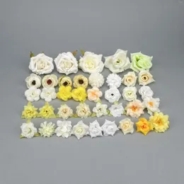 Dekorativa blommor konstgjorda sidenblommahuvuden Combo Set Beige Rose Style 38 st / pack diy falsk gul för hantverk