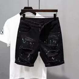 Summer Luxury KPOP Mens Y2K Streetwear الممزق الجينز العصري مصمم الحبر المصمم غير الرسمي الصديق الأسود الدنيم شورت 240318