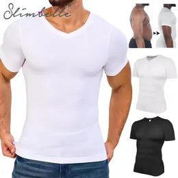 Mens Body Shaper Compression Tank Tops V-Neck Kort ärm Slimming Undertröja Träning ABS Abdomen Mage Control Shapewear 240312