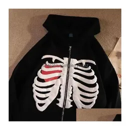 Men'S Hoodies Sweatshirts Men039S Skeleton Print Zip Up Vintage Blue Men Loose Black White Harajuku Women Jacketmen039S5212089 Dro Dhej3