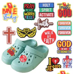 Shoe Parts & Accessories Wholesale 100Pcs Pvc Trust God Walk By Faith Pray More Worry Less Garden Buckle For Adt Bracelet Charms Butto Dhvdj