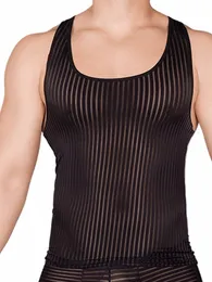 sexy Men Vest High Elastic Stripe Transparent Tank Tops Running Fitn Clothing Tight Exotic Night Tops Sissy Costume Shapewear w3wu#