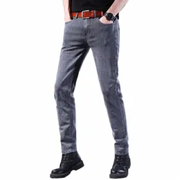 Nytt FI -märke Slim Grey Blue Skinny Jeans Men Busin Casual Classic Cott Trend Elastic Youth Pencil Denim Byxor E3VD#