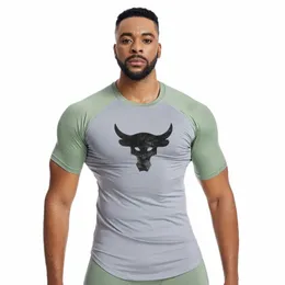 Men T-Shirt مرونة عالية المشروع Rock Bull Head Print Fitn Clothwork Pitchwork Stirent Sports Gym Short Sleeve Tops Tops J7YH#