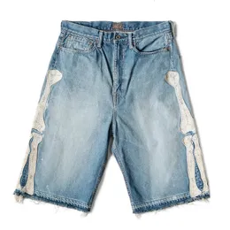 Kapital Hirata Hohiro Lose entspannte Hosen bestickte Knochenwäsche verwendete Rohe Kante -Denim -Shorts für Männer und Frauen Casual Jeans 240321