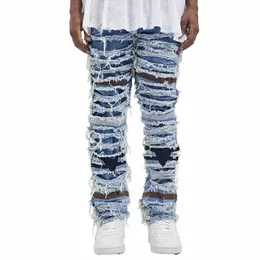 Retro Ripped Hollow Out Frayed Casual Jeans Men's Hole Straight Distred Denim Pants Streetwear Baggy Wed Jean Trousers C4er#