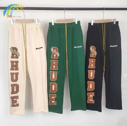 Siyah Yeşil Kayıtlı Rhude Swardpants Erkek Kadınlar 1 Gevşek Havlu İşlemeli Rhude Rahat Pantolon Jogger Multi Cep Pantolon01