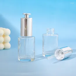 Bottiglie di stoccaggio Flacone con contagocce a pressione in vetro trasparente da 30 ml Pompa a pressione con pulsante per pipetta Olio essenziale con tappo dorato