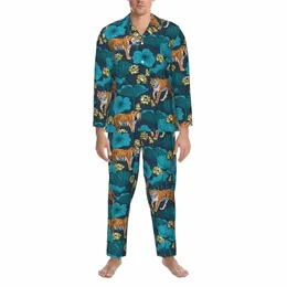 Sarı Tiger Pijama Setleri Sonbahar Lotus PD Yaprak Baskı Kawaii Odası Siray Erkekler 2 Parça Vintage Büyük Boyut Grafik Nightwear 89EV#