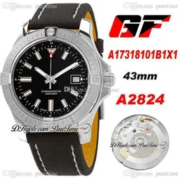 GF A17318101B1X1 A2824 Автоматические мужские часы 43 мм, черный циферблат, маркеры, кожа, нейлон с белой линией, часы Super Edition ETA 282z