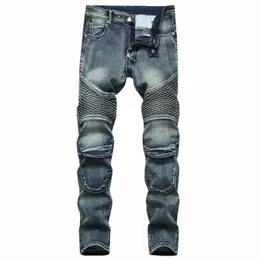 Denim Designer Moto Bike Straight Motorcycle Jeans för mäns storlek 42 Autumn Spen Punk Rock Streetwear Riding Kne Guard Pants Z75W#