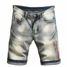 Novos homens verão estiramento denim shorts retro streetwear velho fino ajuste jeans curto emenda design 98% cott marca o51d #
