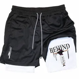 Anime 2 w 1 Running Shorts Mężczyzn Dwukrotne Sport Shorts Gym Fitn Short Pants Trening Szorty Mężczyźni sportowe kulturystyka V4tj#