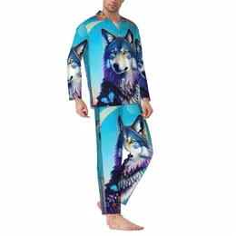 الذئب في Blooming Tree Pajamas Male Fr Print Room Roomwear Sleepwear Autumn 2 قطعة تصميم كبير الحجم بشكل كبير بدلة المنزل E5QM#