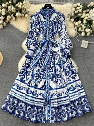 Runway vermelho azul e branco porcelana impressão férias maxi vestido suporte único breasted solto rendas até cinto longo robe vestido 240312