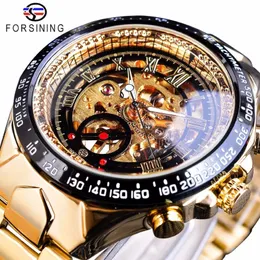 Forsining relógio de esqueleto mecânico masculino, série clássica de aço inoxidável transparente movimento dourado steampunk marca top luxo290e